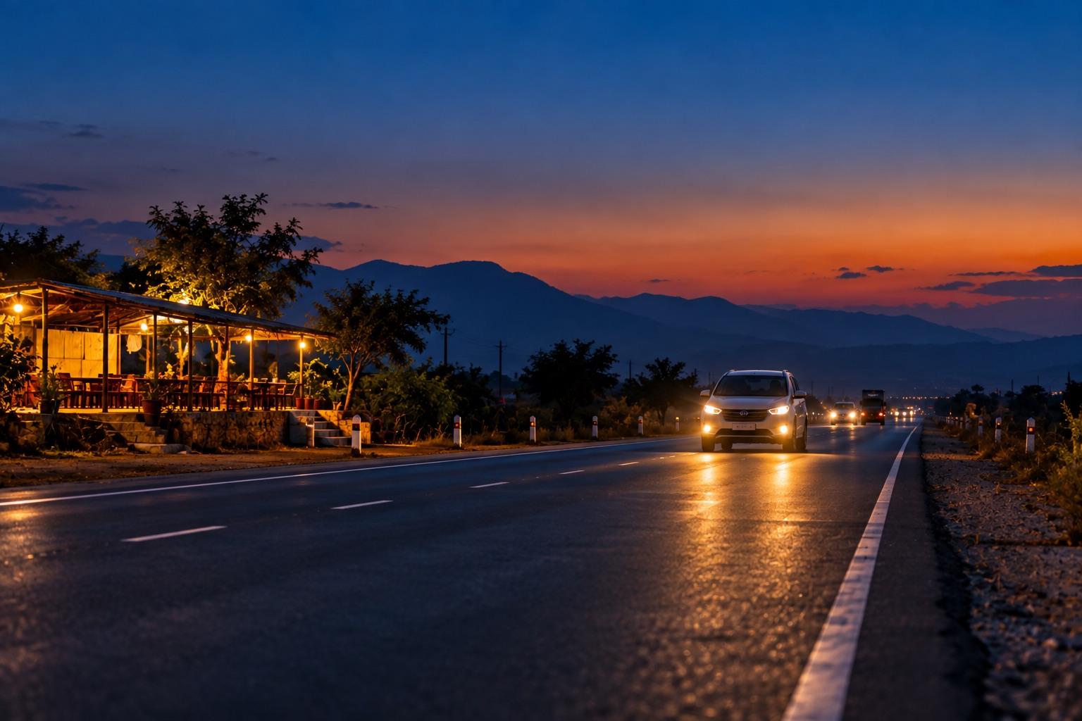 A highway at dusk, a car with its headlights on and a roadside dhaba lit up
