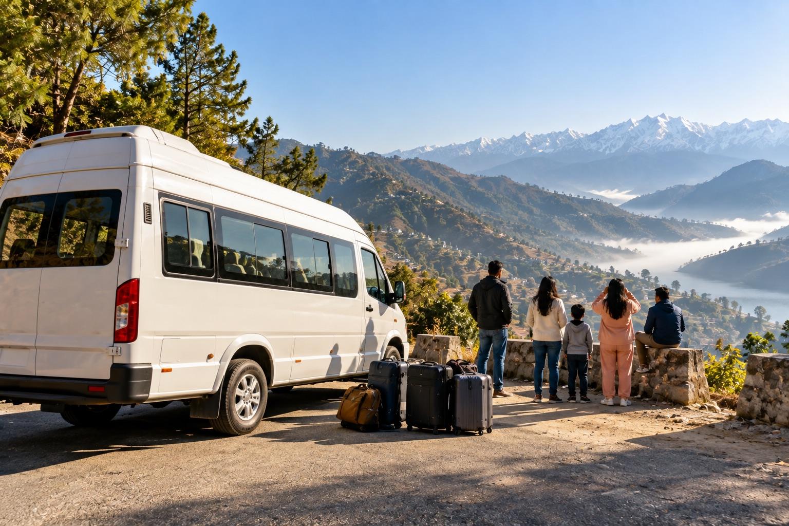 A white tempo traveller parked at a hill viewpoint, a family looking out at the mountains