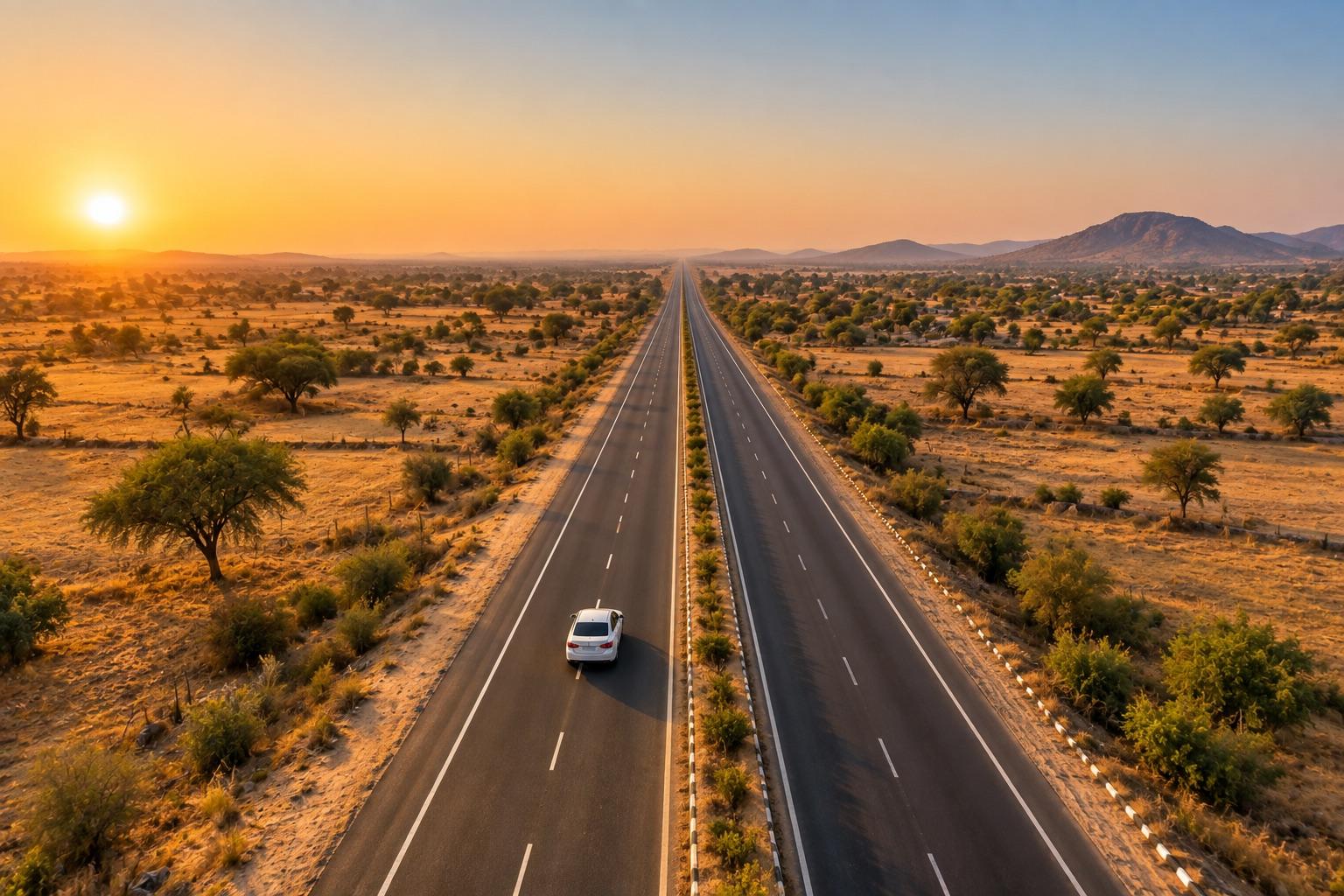 A white car on a long, straight highway through dry countryside at sunset
