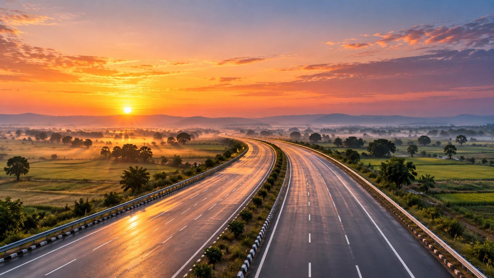 An empty expressway curving through misty fields at sunrise